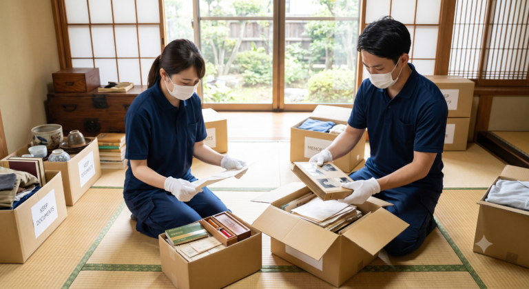 作業中_貴重品や書類、思い出の品に注意しながら、ひとつずつ仕分けます。